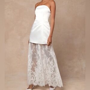 Winslet White Satin Sheer Hem Strapless Maxi Dress